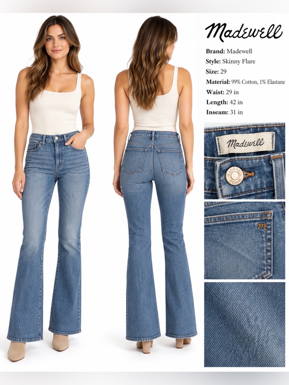 Madewell Skinny Flare Jeans Size 29 Blue High Rise Stretch Denim 31” Inseam